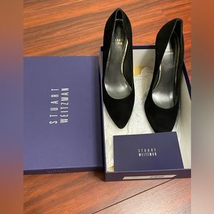 Black suede Stuart Weitzman pumps size 8 with leopard heel detail